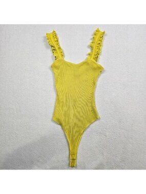 Honey Punch S Womens Ribbed Yellow Chartreus Bodysuit Ruffle Straps Stretch Tank
